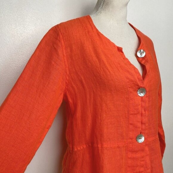 FLAX CORAL ORANGE LINEN LONG SLEEVE BUTTON DOWN TUNIC SHIRT - S - Picture 4 of 9